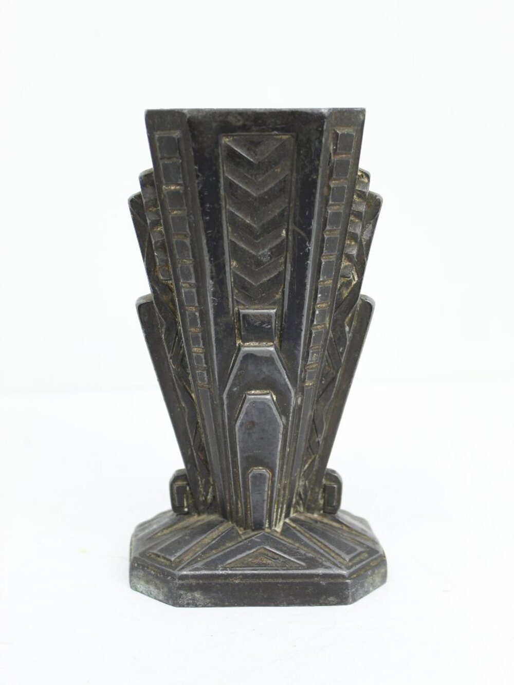 French Iron Art Deco Geometric Lines Urn Vase Black Iron Vintage Made in France